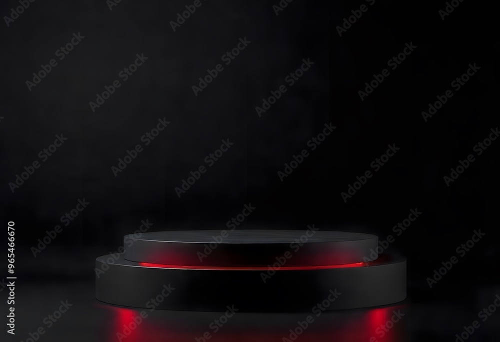 Poster minimalist scene with a dark background and a circular platform bathed in red light. glowing red led