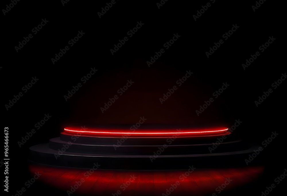 Poster minimalist scene with a dark background and a circular platform bathed in red light. glowing red led