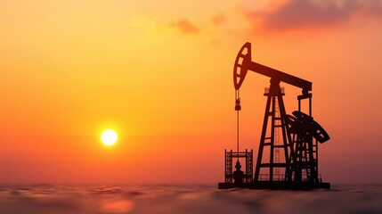 Golden Hour Energy: Oil Rigs Silhouetted at Sunset, Exemplifying Market Stability and Energy Trends in