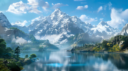 Fototapeta premium Vivid mountain landscape with reflections in a serene lake, showcasing the beauty of nature and tranquility.