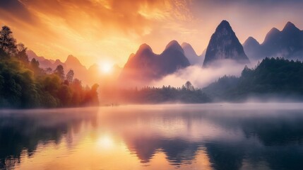 Fototapeta premium Beautiful Nature Views mountains, sea, forests, or sunrise/sunset