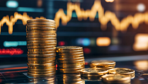 View of a computer screen displaying stock exchange graph and chart representing increased and decreased price in the stock market with stack of coins. 	