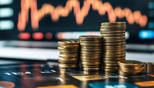 View of a computer screen displaying stock exchange graph and chart representing increased and decreased price in the stock market with stack of coins.	