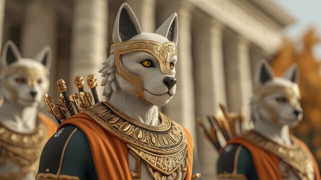 Mythological creatures in Halloween costumes, Greek and Norse themes, ancient ruins, 3D illustration