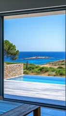 Swimming Pool, Sun Loungers, and Secluded Beach with Turquoise Water, Seaside Villa, Summer Vacation