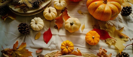 An autumnal still life of assorted pumpkins, leaves, and pine cones arranged artfully on a table, celebrating the harvest season.