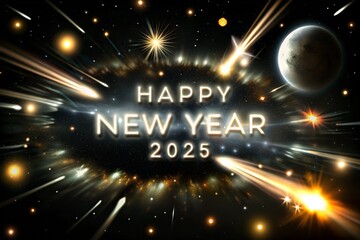 Fototapeta premium New Year 2025 banner, Happy New Year banner, 2025 celebration, New Year fireworks, New Year party design, New Year countdown banner, Happy 2025 design, New Year eve poster, Golden New Year banner, 202