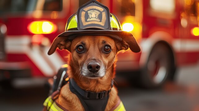 A firefighter dog sits in front of a fire truck in a yellow helmet and red uniform