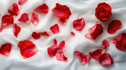 Fototapeta premium Red and pink rose petals artfully scattered on a white fabric background, forming a beautiful, romantic composition.