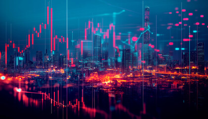 Naklejka premium View of a computer screen displaying stock exchange graph and chart representing increased and decreased price in the stock market on blurred city background. Generative AI. 