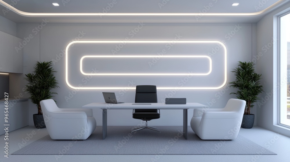 Poster modern futuristic office space with minimalist design in using ray tracing and ambient lighting