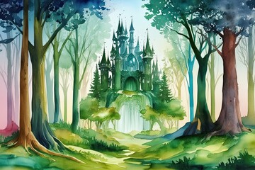 Fototapeta premium Enchanting Watercolor Wallpaper Art of a Retro Aesthetic Mystical Forest Landscape