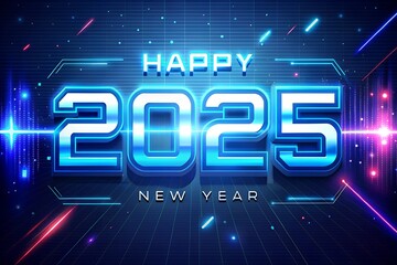 A  sleek digital countdown theme. Happy New Year 2025 is in a futuristic, glitch-style font with animated numbers in the background. Neon blue and silver accents with tech modern, dynamic design