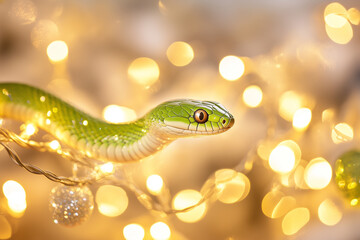 Fototapeta premium A green snake is playfully styled as a garland, winding through a New Year's party setup, adorned with twinkling lights and sparkling ornaments, blending seamlessly into the festive decorations
