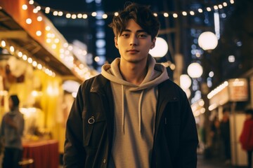 Obraz premium A young man is standing in front of a building with lights on