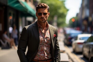 Fototapeta premium A man in a suit and sunglasses stands on a sidewalk in front of a green awning