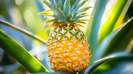 Fototapeta premium Close-up of a pineapple growing on a tree, bright yellow and green with spiky texture, sunlight illuminating the intricate patterns on the skin, detailed leaves and surrounding environment, lively