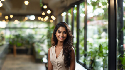 A stunning Sri Lankan businesswoman with a radiant smile and flawless skin poses confidently in a studio setting. Her natural makeup and professional attire make her ideal for cosmetic advertising