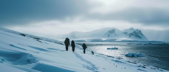 Three explorers trek through a vast, snowy Antarctic landscape, dwarfed by towering mountains under a somber, cloudy sky, near an icy water body.