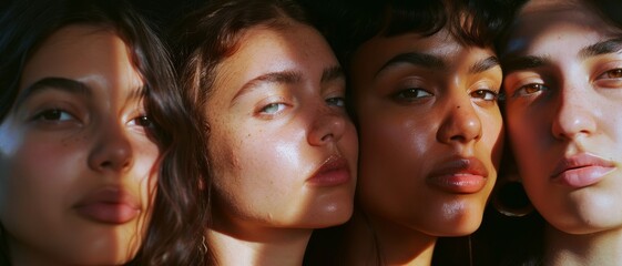 Fototapeta premium Four young women, faces close together, bask in natural light, highlighting their diverse beauty and expressions in a warm, intimate moment.