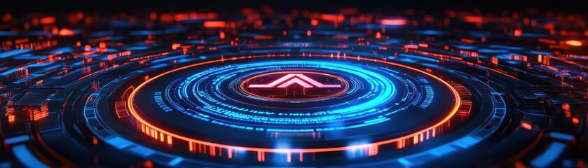 A vibrant circular pattern with glowing blue and red elements, ideal for technology or digital-themed projects.