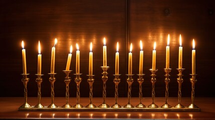Cartoon illustrations of lighted candles on the table to celebrate Hanukkah,generated with AI.