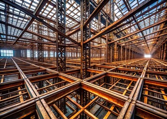 Fototapeta premium Forged bars spanning vast open spaces, angular patterns of steel intersecting in industrial beauty, raw metal textures evoking ancient craftsmanship.