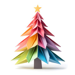 Origami paper Christmas tree isolated on white background