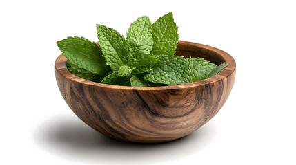 Fresh Mint in Wooden Bowl on Isolated White Background
