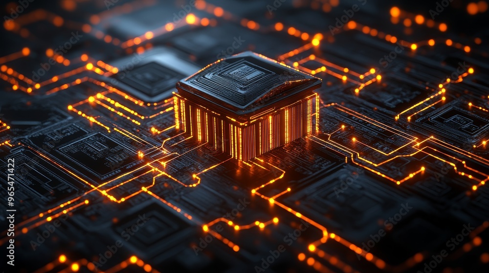 Poster glowing cpu, circuit board, and data streams a conceptual image of advanced computing power