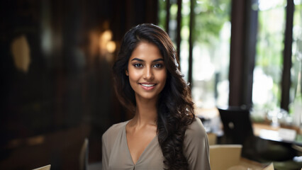 A stunning Sri Lankan businesswoman with a radiant smile and flawless skin poses confidently in a studio setting. Her natural makeup and professional attire make her ideal for cosmetic advertising