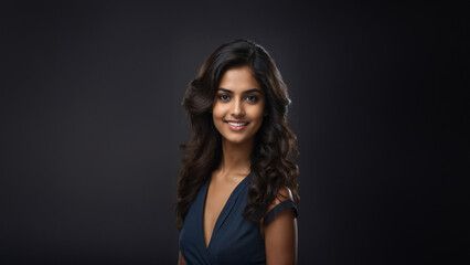 A stunning Sri Lankan businesswoman with a radiant smile and flawless skin poses confidently in a studio setting. Her natural makeup and professional attire make her ideal for cosmetic advertising