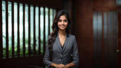 A stunning Sri Lankan businesswoman with a radiant smile and flawless skin poses confidently in a studio setting. Her natural makeup and professional attire make her ideal for cosmetic advertising
