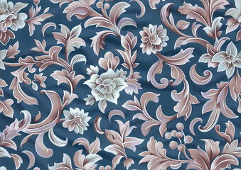 Seamless baroque floral pattern with soft pastel tones on blue background, intricate ornamental design. Generative ai