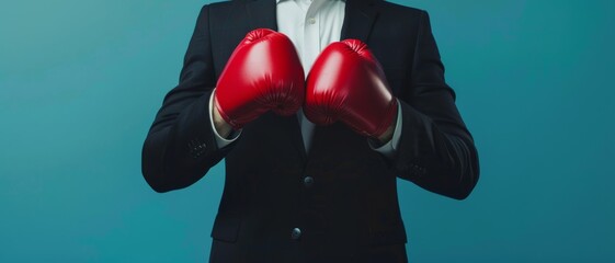 A businessperson in a dark suit poised for action, wearing red boxing gloves symbolizing readiness and competitive spirit against a blue background.