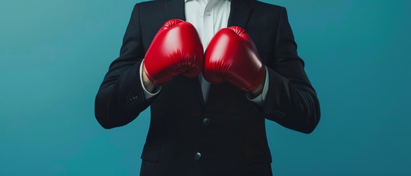 A businessperson in a dark suit poised for action, wearing red boxing gloves symbolizing readiness and competitive spirit against a blue background.