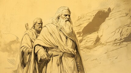 Fototapeta premium Balaam Foretelling the Defeat of Moab and Edom, Biblical Illustration from Numbers, Balaam's Oracles, Beige Background, Ideal for Religious Education and Worship Materials