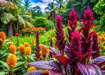 Fototapeta premium Vibrant purple flowers of Jamaican sorrel grow in a lush tropical garden, surrounded by lush greenery and vibrant yellow and orange blooms