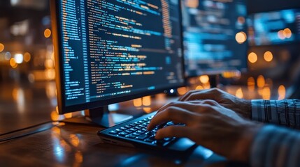 Software developer writing code on computer in office at night