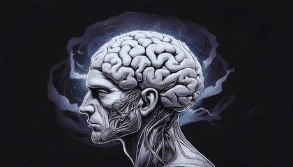 Digital illustration depicting a detailed side view of a human brain with neural connections and abstract swirling energy.
