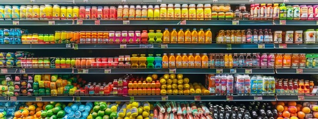 Vibrant fruit and vegetable aisle with fresh produce in grocery store