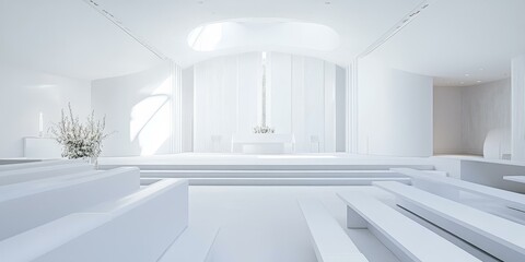 Minimalist white interior with a skylight.