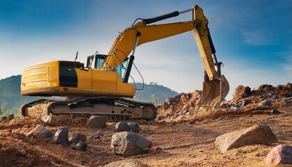 Obraz premium Excavator on a rocky site, breaking through tough terrain