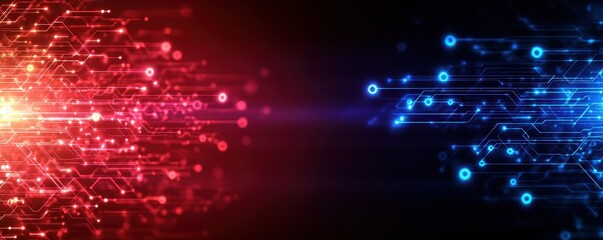Abstract digital background with vibrant red and blue light beams, representing technology, data flow, and connectivity.
