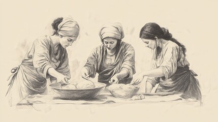 Biblical Illustration of Numbers: The Preparation of Unleavened Bread by Women During Passover, Captured on a Beige Background, Emphasizing Tradition and Community in Religious Observance