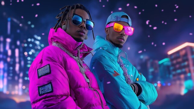 Trendy Duo Posing in Vibrant Urban Nightscape