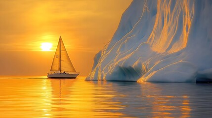 A solitary sailboat gliding past towering icebergs, warm golden dawn light reflecting on the water, intricate textures on the icebergs with cracks and crevices, sailboat positioned in the lower left
