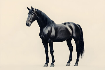 Majestic black horse standing proudly in full body pose isolated on white background