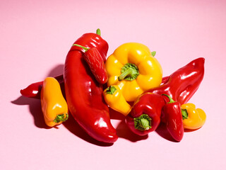 Pile of bell and long sweet peppers over pink background