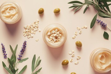 Skincare creams in jars surrounded by oats, olives, and lavender